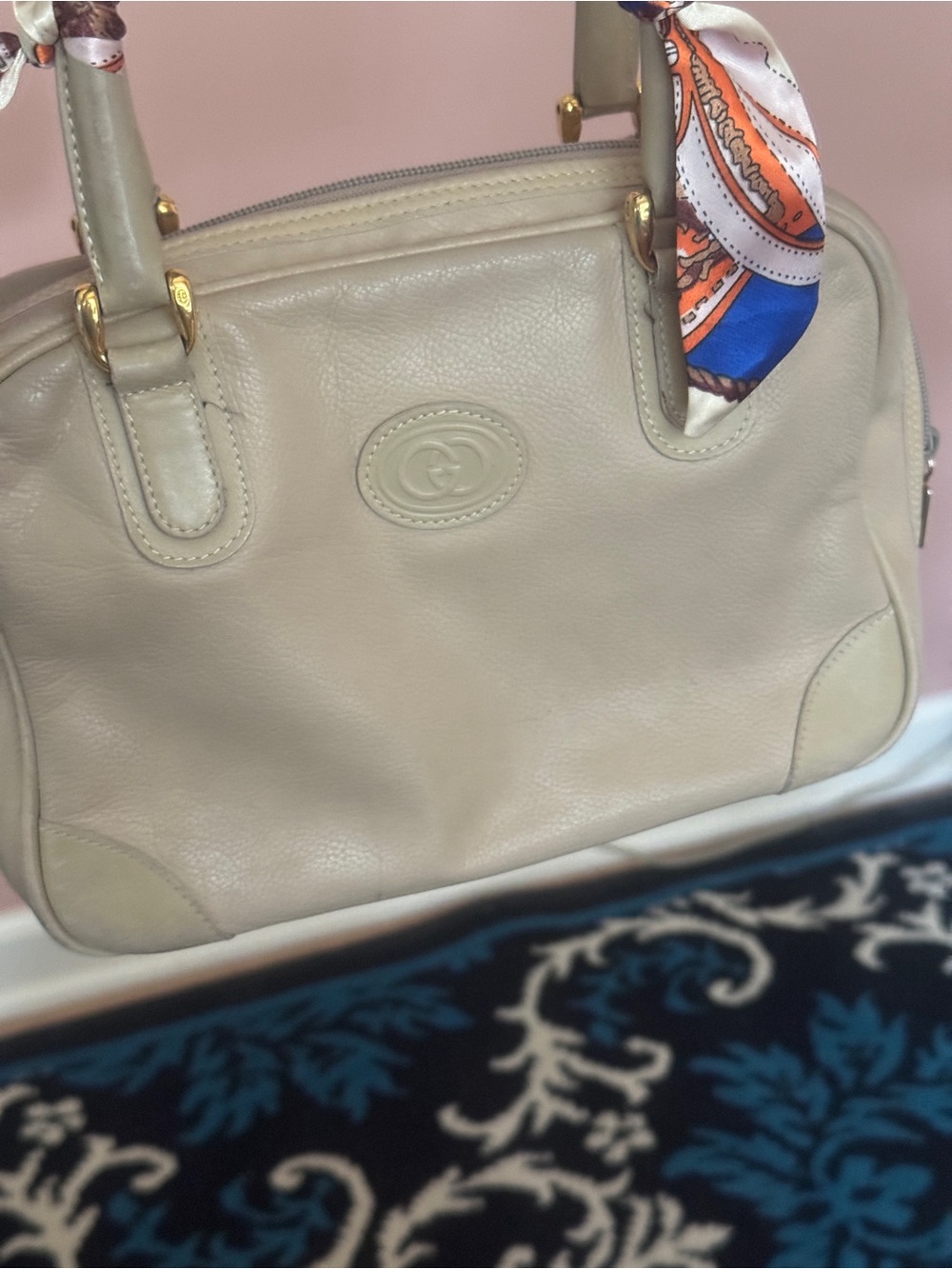 Authentic Gucci vintage 1980’s Cream Leather Satchel Handbag with Scarf Accent